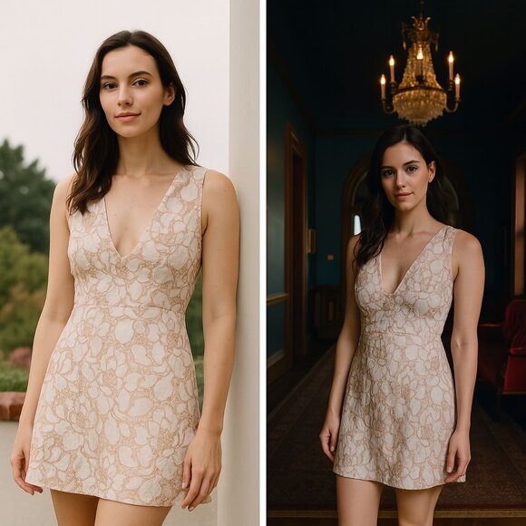 Free People Lace Mini Dress Beige XS Feminine Romantic Boho Chic Cottage core - Picture 1 of 14